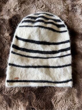 Free People Cream & Black Striped Faux-Fur Beanie